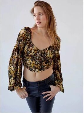 Urban Outfitters Black & Yellow Floral Smocked Crop Blouse